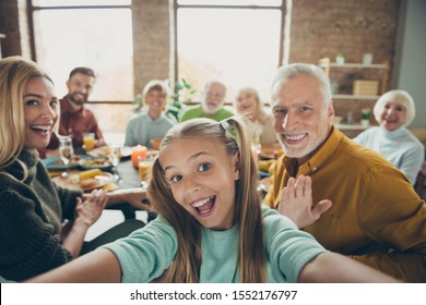 Video call from happy big family celebrate thanksgiving day october autumn event party small little girl kid make selfie mature grandfather say hi wave hand grandmother enjoy meal in house