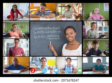 Video call interface with diverse female teacher and schoolchildren on screen. communication technology and online elementary education digital composite image.