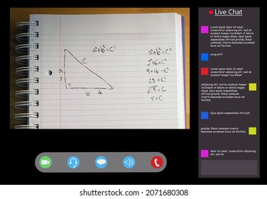 Video call interface with mathematical formulas on screen. communication technology and online elementary education digital composite image.