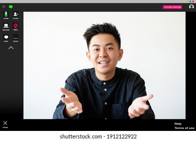 Video Call. Internet Meeting. Business Webcast. Distance Work. Cheerful Enthusiastic Asian Male Coach Speaking On Screen Isolated On White Copy Space Background.