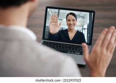 Video Call, Laptop Screen And People Business Meeting For Virtual Discussion, International Manager Update Or Client B2b Collaboration. Corporate Woman Hello Hand In Zoom Call With Laptop Technology