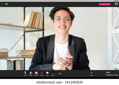 Video Call. Online Meeting. Corporate Telework. Remote Job. Screenshot Of Cheerful Happy Asian Male CEO Smiling Applauding Satisfied With Successful Project At Light Home Office.