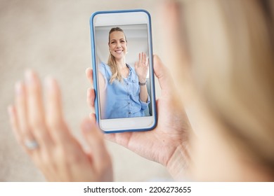 Video Call, Phone Screen And Ui Woman Waving Hello For Greeting During Zoom Video Conference With 5g Mobile Network Connection And Distance Chat. Happy, Smile And Online Communication Technology App