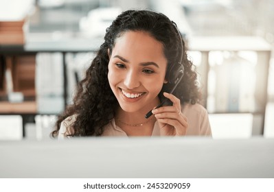 Video call, smile and woman with headset in office for career, agent or telecommunication. Professional, business person or consultant for advice, support or answer questions for customer service - Powered by Shutterstock