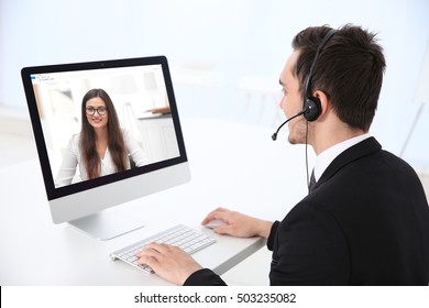 Video Call With Technical Support Operator. Helpdesk Service Concept.