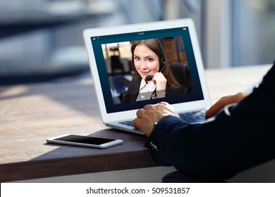 Video Call With Technical Support Operator. Helpdesk Service Concept.