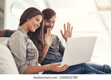 Video call, wave and couple on tablet in bedroom for conversation, chatting and communication in home. Happy, dating and man and woman online for social networking, talking and internet contact - Powered by Shutterstock