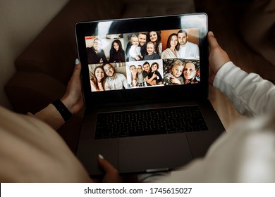 Video Call Zoom. Couple Using Laptop After Work, Talks With Their Friends And Stay Home During Online Video Call. Working Home