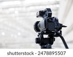 Video camera with blur background for journalist interview broadcasting reporter news or press conference speaker or public speaking or meeting report record and content creator live media concepts.