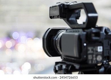 Video camera with blur background for journalist interview broadcasting reporter news or press conference speaker or public speaking or meeting report record and content creator live media concepts.