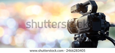 Video camera with blur background for journalist interview broadcasting reporter news or press conference speaker or public speaking or meeting report record and content creator live media concepts.