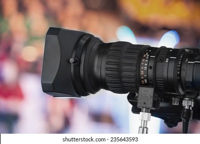 Video Camera Lens - Recording Show In TV Studio - Focus On Camera Aperture