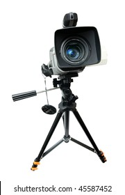 Video Camera On Tripod Isolated Over White