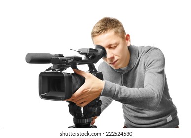 Video Camera Operator Isolated On White Background