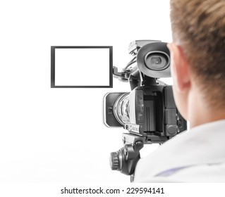 Video Camera Operator Isolated On White Background. Focus On Screen.