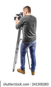Video camera operator isolated on a white background