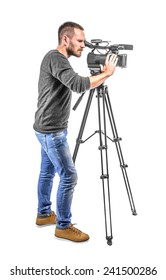 Video camera operator isolated on a white background