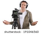 video camera operator with tripod on white background