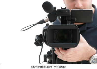 Video camera operator working with his professional equipment isolated on white background