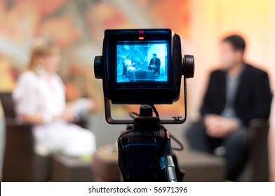 Video Camera Viewfinder - Recording Show In TV Studio - Focus On Camera