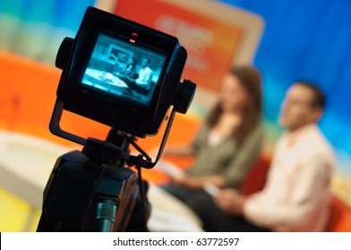 Video Camera Viewfinder - Recording Show In TV Studio - Focus On Camera