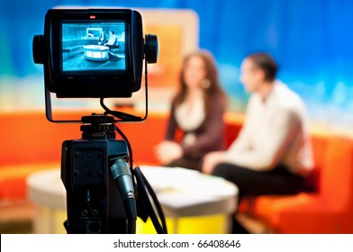 Video camera viewfinder - recording show in TV studio - focus on camera