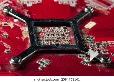 Video card. Processor core detail. Board, Details, Electronic circuit and video card chip. Cooling stabilizer. Close-up. Partially blurred photo.