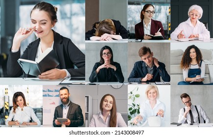 Video Coaching. Elearning Conference. Virtual Seminar. Remote Education. Collage Of Group Studying Business Project Management Online In Digital Class On Screen.