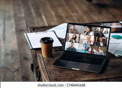 Video conference. Application for remote communication. Screen view of a laptop with people who are communication via video conference - Shutterstock ID 1748445668