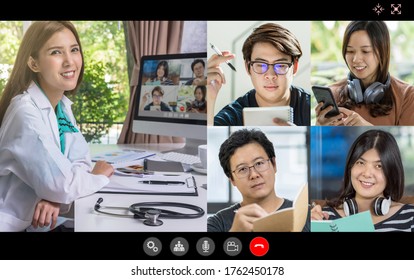 Video conference of asian woman giving consult to group of asia people and teamwork colleague to follow up health care when Coronavirus outbreak, Covid-19 pandemic, online counselling and new normal