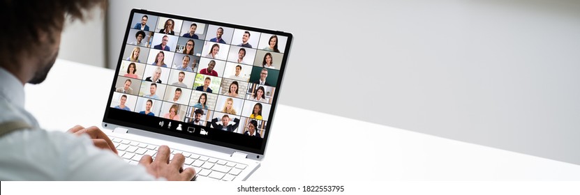 Video Conference Business Call. African Man Conferencing On Laptop Computer