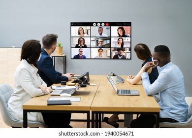 Video Conference Call At Business Meeting. Group Conferencing