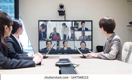Video conference concept. Telemeeting. Videophone. Teleconference. - Shutterstock ID 1697348113
