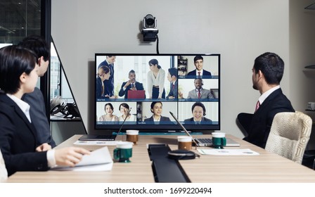 Video conference concept. Telemeeting. Videophone. Teleconference. - Shutterstock ID 1699220494
