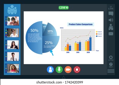 Video Conference Facetime Screen Monitor Meeting Of Multiethnic Business People Chatting Live Streaming On Social Networking With Coporate Colleagues - Online Working Or Technology Concept