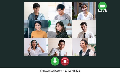 Video Conference Facetime Screen Monitor Meeting of Multiethnic Business People Chatting Live Streaming on Social Networking with Coporate Colleagues - Online Working or Technology Concept