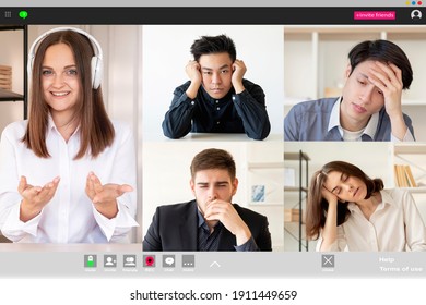 Video Conference. Group Call. Corporate Webinar. Online Communication. Exhausted Bored Diverse Multiethnic Students Fell Asleep Listening To Female Coach In Headphones At Digital Class On Screen.