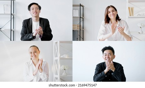 Video Conference. Group Web Chat. International Teleconference. Screenshot Of Satisfied Diverse Team Applauding Celebrating Success At Virtual Office.