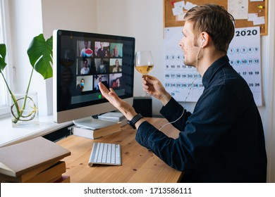 Video Conference Party Online Meeting With Friends And Family. Birthday Party In Facetime Call. Parties During Coronavirus Quarantine Long Distance Celebration. Video Conferencing Happy Hour