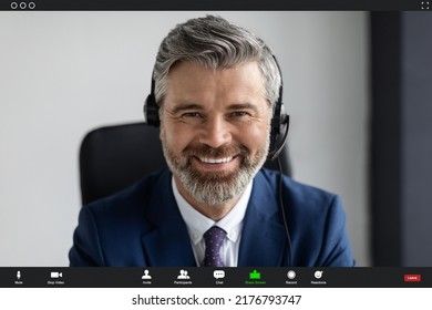 Video Conference. Smiling Middle Aged Businessman In Headset Making Virtual Call, Pov Screenshot Of Handsome Mature Man In Suit Looking At Camera, Enjoying Online Communication, Collage - Powered by Shutterstock