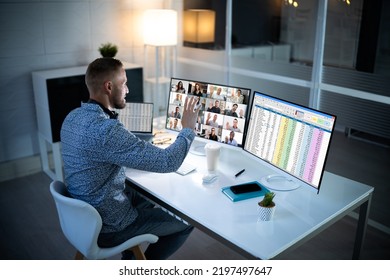 Video Conference Webinar Business Call On Multiple Monitor Screens