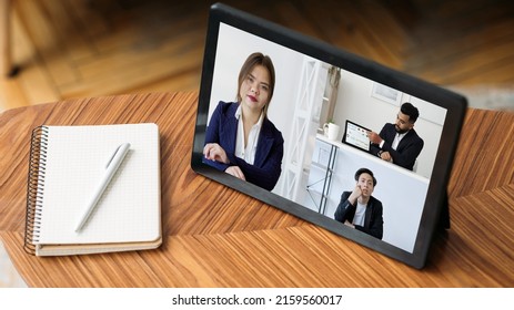 Video Conference. WFH Technology. Professional Telecommuting. Diverse Business People Watching Online Presentation In Digital Office On Tablet Screen.