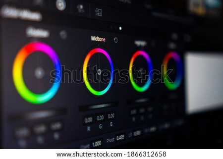 Video editing, color correction software, close up of the screen. video editing concept.