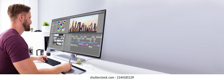 Video Editor Or Designer Using Editing Software Tech On Computer