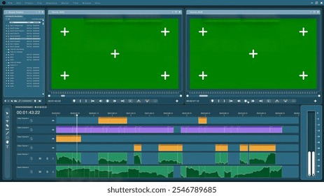 Video editor software interface used for masking clips over green screens during media production. Filmmaking application UI showing mockup chroma key footage being modified - Powered by Shutterstock