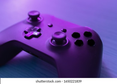 Video Game Controller. Gamer Girl. Top View Of A Joystick On Wooden Planks. 