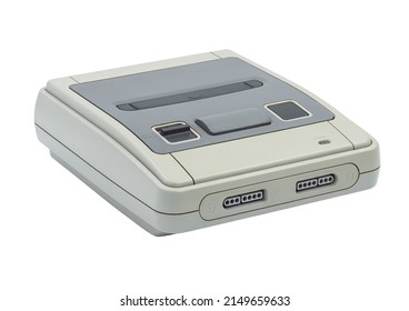 Video Games Classic, 90's Retro Game Consoles, Were The Most Popular 16 Bit Game Consoles Of That Era, Isolated On White Background.