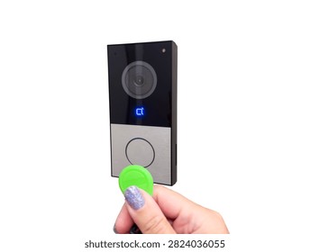 Video intercom doorbell with RFID access key isolated on transparent background for secure entry systems. Smart access control equipment for residential and commercial building security.