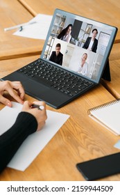 Video Interview. Remote Meeting. International Teleconference. Business Woman Tired Diverse Colleagues Watching Boring Presentation On Laptop Screen In Virtual Office.