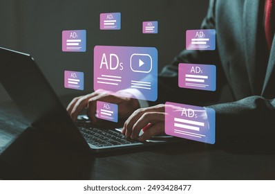 video marketing ideas Playing online video streaming shows advertising buttons for advertising leads on websites. Video with ads on laptop screen - Powered by Shutterstock